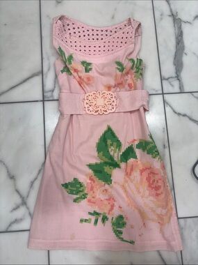 Girls Pink Floral Crochet-Neck Sundress with Decorative Belt